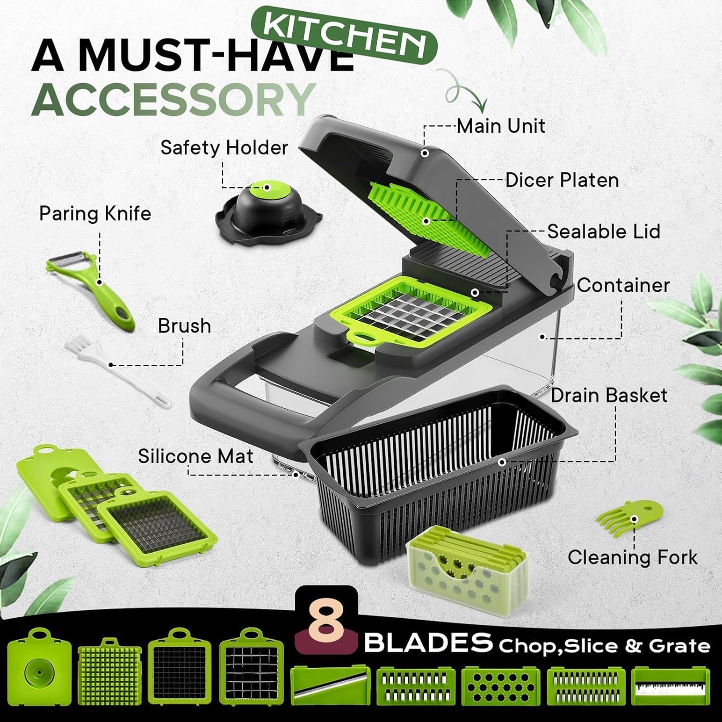 WAREKITTH 14 in 1 Vegetable Chopper with 1.6L Container | Multipurpose Vegetable Cutter, Onion Chopper, Mandoline Slicer, Dicer, Grater & Julienne Cutter | Kitchen Food Chopper for Potato & Salad Making