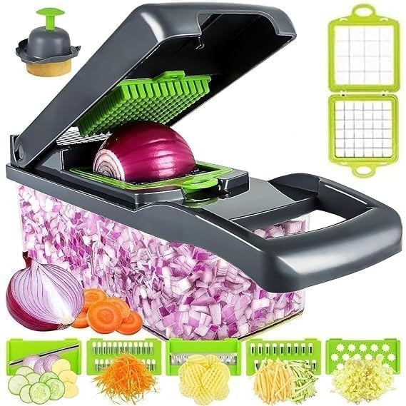 WAREKITTH 14 in 1 Vegetable Chopper with 1.6L Container | Multipurpose Vegetable Cutter, Onion Chopper, Mandoline Slicer, Dicer, Grater & Julienne Cutter | Kitchen Food Chopper for Potato & Salad Making