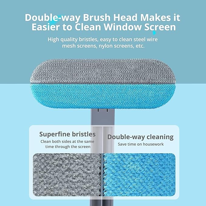 WAREKITTH Multifunctional Screen Brush 4 in 1 with Extended Handle for Window and Mesh Cleaning, Double Sided Mosquito Net Cleaner Grey