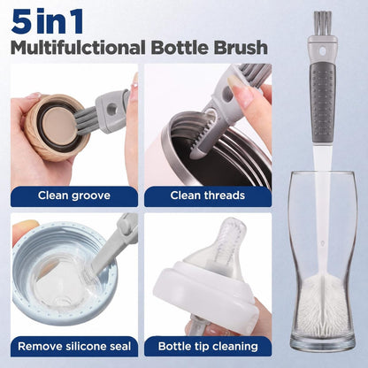 WAREKITTH 5 in 1 Bottle Cleaning Brush Set with Long Handle for Water Bottle, Baby Bottle, Flask & Glass Cleaning | Multifunctional Bottle Cap Cleaner Brush Set (Large, 1, Count)