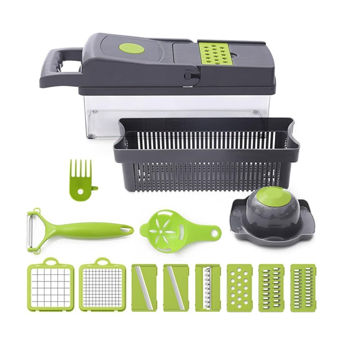 WAREKITTH 14 in 1 Vegetable Chopper with 1.6L Container | Multipurpose Vegetable Cutter, Onion Chopper, Mandoline Slicer, Dicer, Grater & Julienne Cutter | Kitchen Food Chopper for Potato & Salad Making