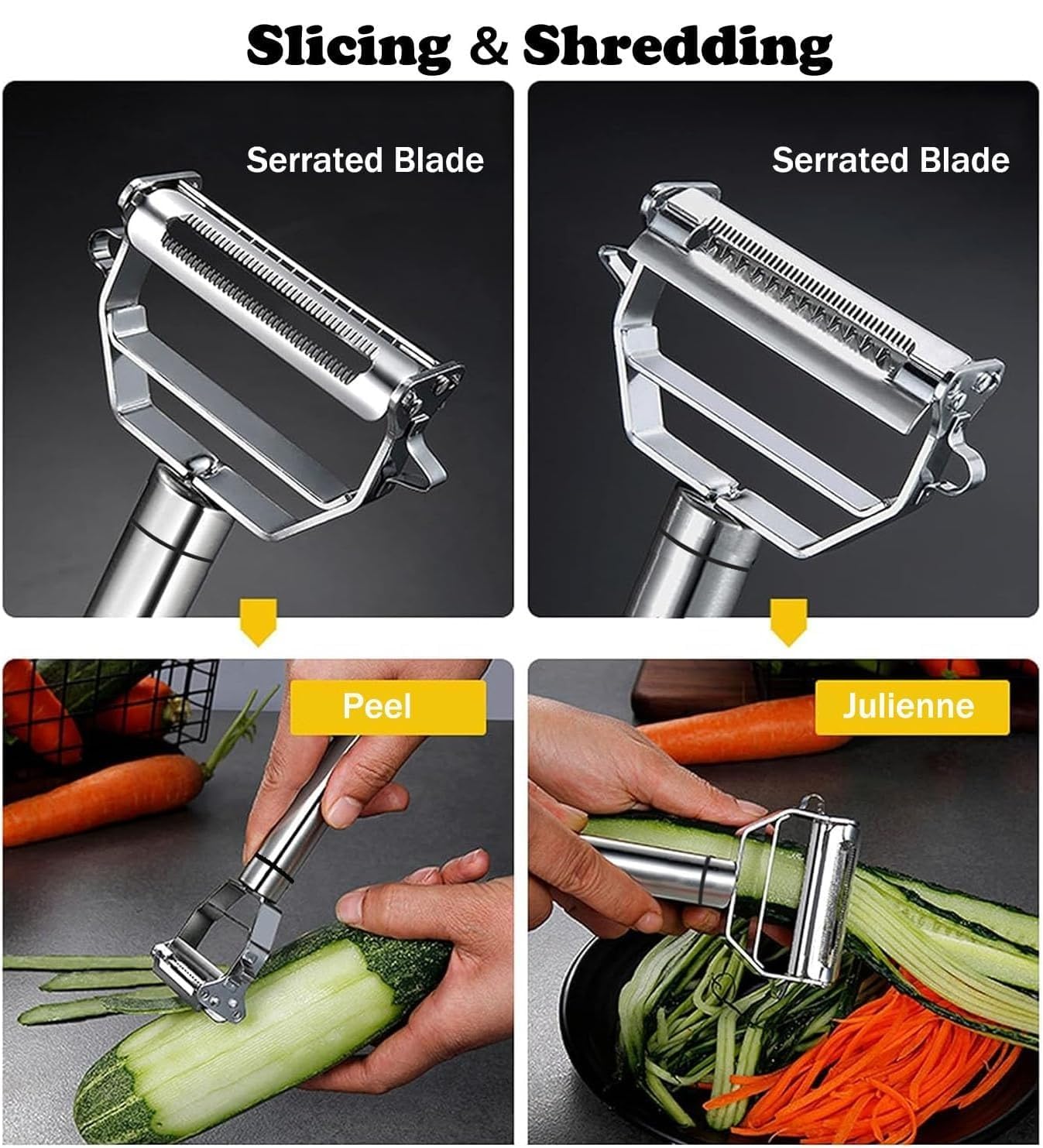 WAREKITTH 2-in-1 Peeler for Vegetables and Fruits | Stainless Steel Julienne Peeler for Salad | Multi-Use Slicer & Cutter for Kitchen | Chopper Tool for Carrots, Cucumbers