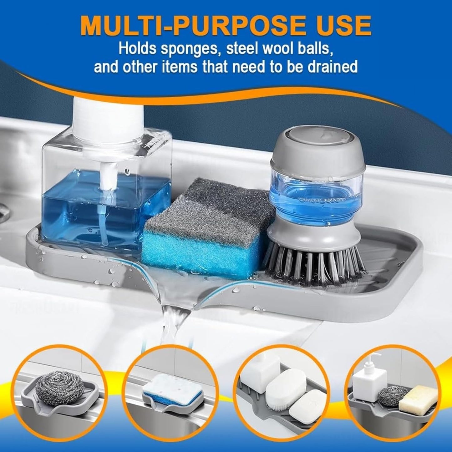 WAREKITTH Silicone Kitchen Soap Tray | Kitchen Sink Tray | Sponge Tray Dish | Sponge Holder | Sink Organizer for Dish, Soap, Bottle, Soap Dispenser, Scrubber, Brushes with Built in Drain Lip