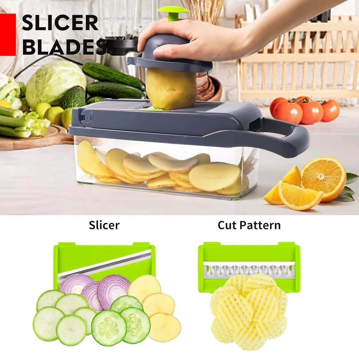 WAREKITTH 14 in 1 Vegetable Chopper with 1.6L Container | Multipurpose Vegetable Cutter, Onion Chopper, Mandoline Slicer, Dicer, Grater & Julienne Cutter | Kitchen Food Chopper for Potato & Salad Making