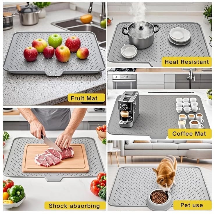 WAREKITTH Large Silicone Dish Drying Mat for Kitchen - Built-in Drain Lip | Hygienic Drying Pad - Sturdy Compact Easy to Clean Tray Protects Surfaces Prevents Water Build Up 23.6 x 17.7 Inches