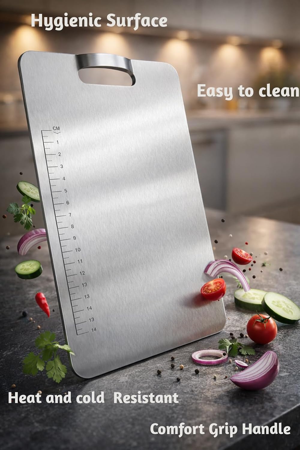 Premium 304 Stainless Steel Chopping Board for Kitchen with Built-in Handle & Curved Head – Heavy WAREKITTH Duty Non-Slip Chopping Board for Meat, Fruits & Vegetables | Hygienic, Durable & Knife-Safe