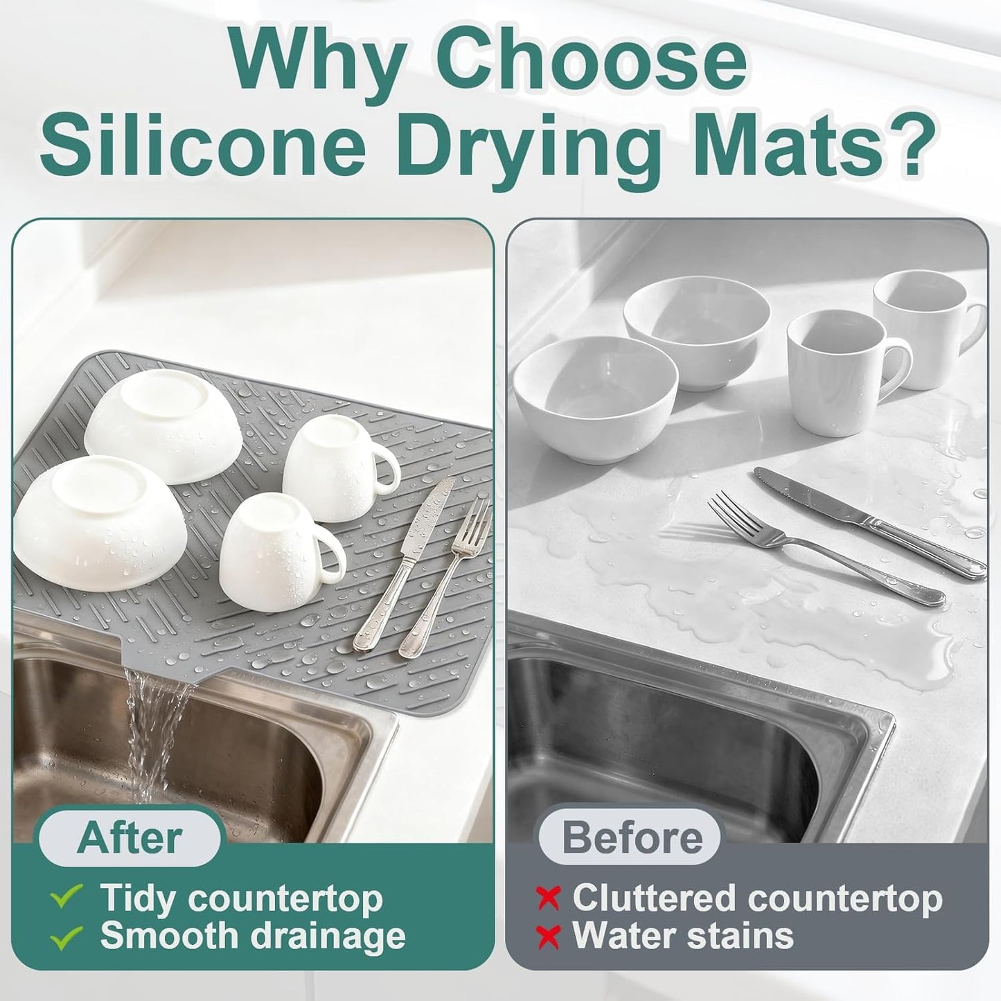 WAREKITTH Large Silicone Dish Drying Mat for Kitchen - Built-in Drain Lip | Hygienic Drying Pad - Sturdy Compact Easy to Clean Tray Protects Surfaces Prevents Water Build Up 23.6 x 17.7 Inches