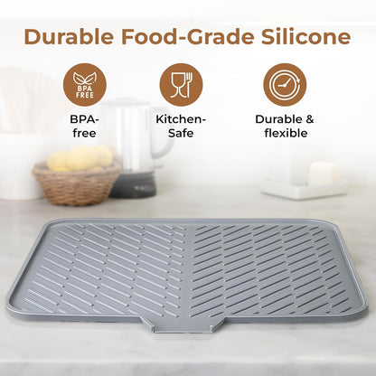 WAREKITTH Large Silicone Dish Drying Mat for Kitchen - Built-in Drain Lip | Hygienic Drying Pad - Sturdy Compact Easy to Clean Tray Protects Surfaces Prevents Water Build Up 23.6 x 17.7 Inches