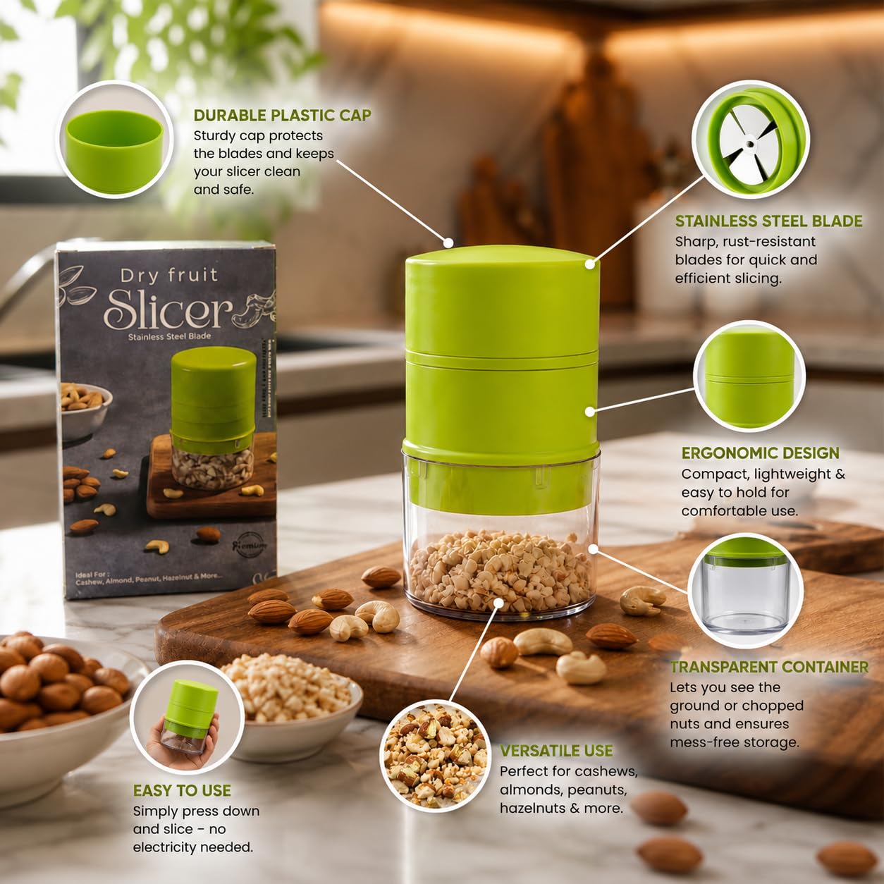WAREKITTH Pro Dry Fruit and Nut Cutter Slicer, fine Cup Slicer Kitchen Gadget for Dry Fruit Chopper, Badam kaaju Walnut Pista Cutter Chopper Machine Hand Nuts Chopper for Kitchen Items for Gift Home Gadgets