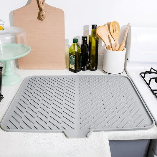 WAREKITTH Large Silicone Dish Drying Mat for Kitchen - Built-in Drain Lip | Hygienic Drying Pad - Sturdy Compact Easy to Clean Tray Protects Surfaces Prevents Water Build Up 23.6 x 17.7 Inches
