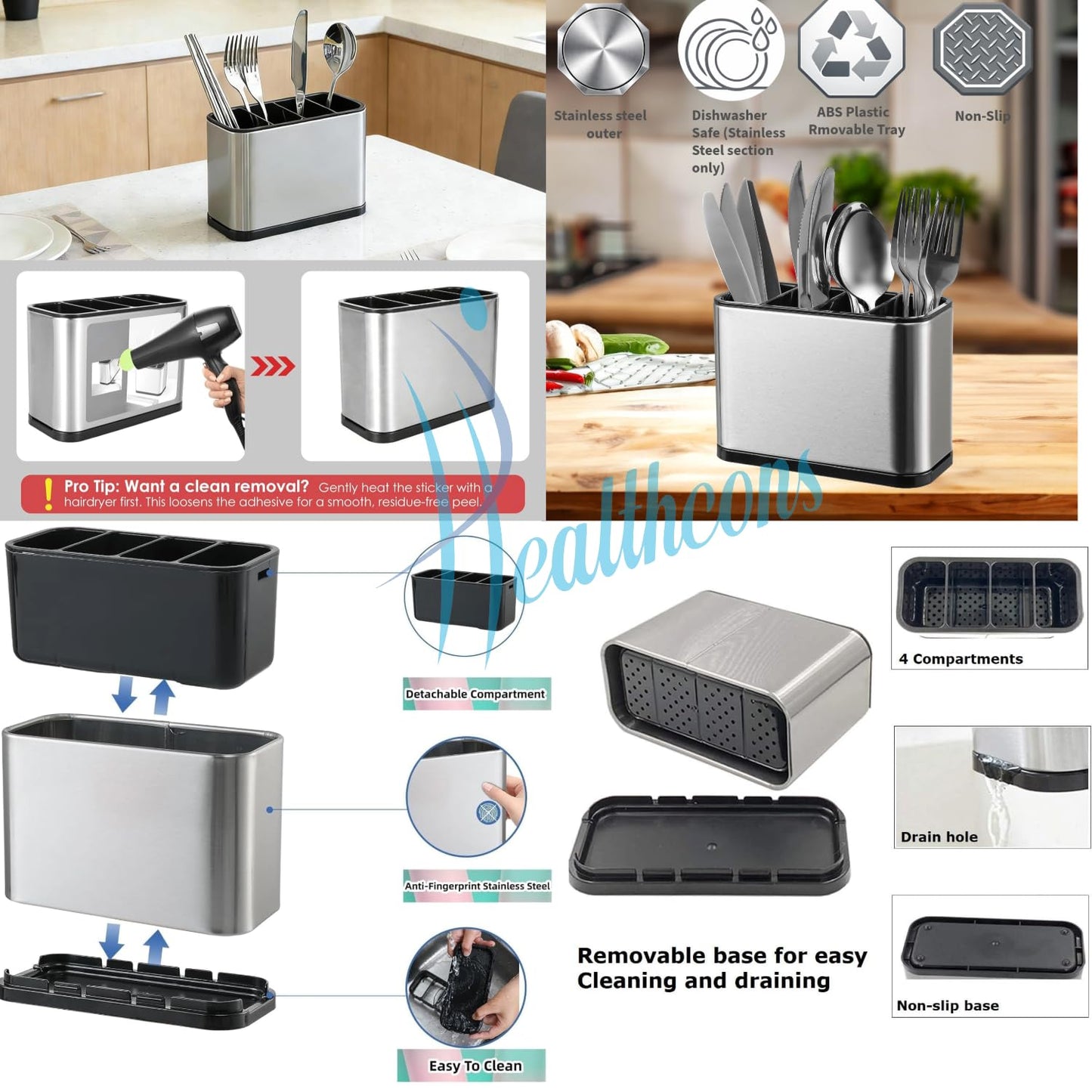 WAREKITTH Large Stainless Steel Spoon Stand for Kitchen Steel Cutlery Stand Spoon Organizer for Kitchen