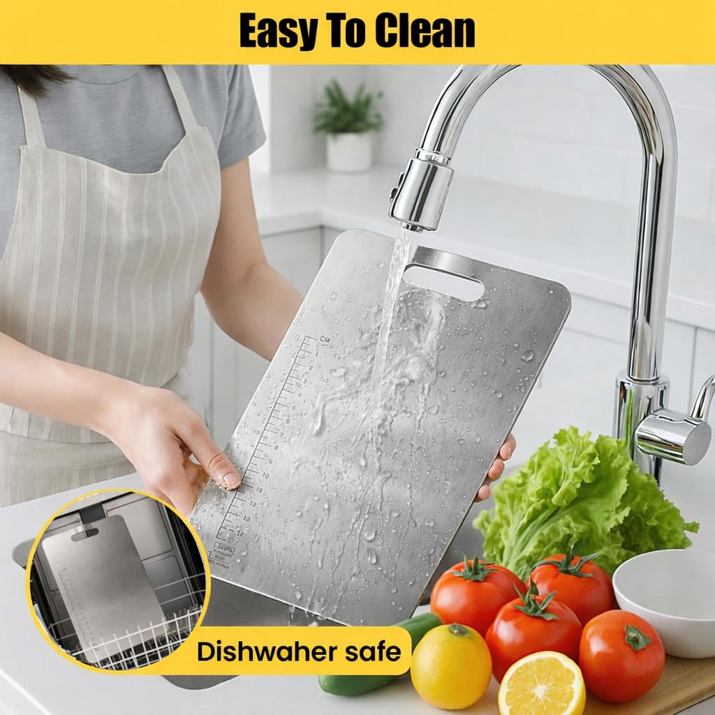 Premium 304 Stainless Steel Chopping Board for Kitchen with Built-in Handle & Curved Head – Heavy WAREKITTH Duty Non-Slip Chopping Board for Meat, Fruits & Vegetables | Hygienic, Durable & Knife-Safe