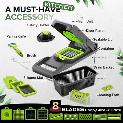 WAREKITTH 14 in 1 Vegetable Chopper with 1.6L Container | Multipurpose Vegetable Cutter, Onion Chopper, Mandoline Slicer, Dicer, Grater & Julienne Cutter | Kitchen Food Chopper for Potato & Salad Making