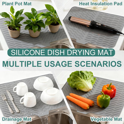 WAREKITTH Large Silicone Dish Drying Mat for Kitchen - Built-in Drain Lip | Hygienic Drying Pad - Sturdy Compact Easy to Clean Tray Protects Surfaces Prevents Water Build Up 23.6 x 17.7 Inches