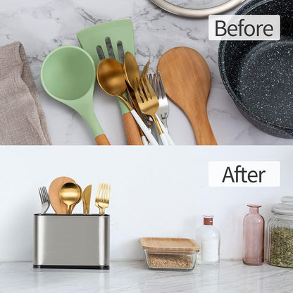 WAREKITTH Large Stainless Steel Spoon Stand for Kitchen Steel Cutlery Stand Spoon Organizer for Kitchen