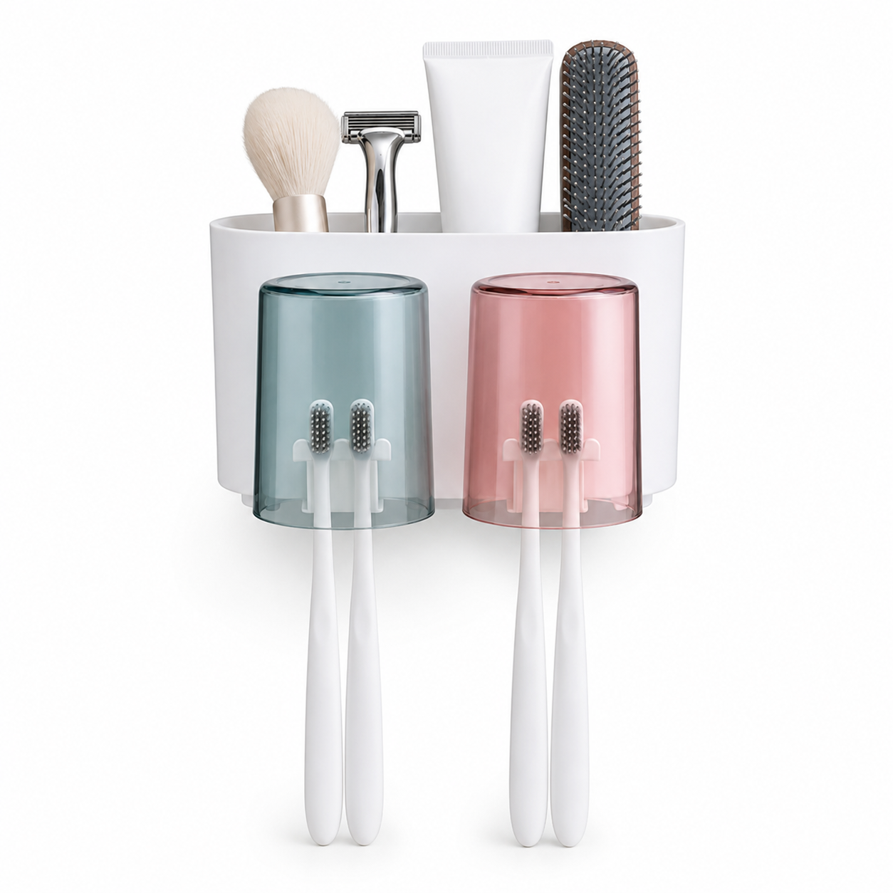WAREKITTH Wall Mounted Toothbrush Holder for Family | No Drill Adhesive Bathroom Organizer | Waterproof Toothbrush Holder for Bathroom Wall | Multi-Compartment Bathroom Storage Rack