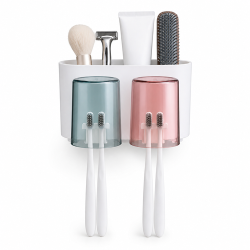 WAREKITTH Wall Mounted Toothbrush Holder for Family | No Drill Adhesive Bathroom Organizer | Waterproof Toothbrush Holder for Bathroom Wall | Multi-Compartment Bathroom Storage Rack