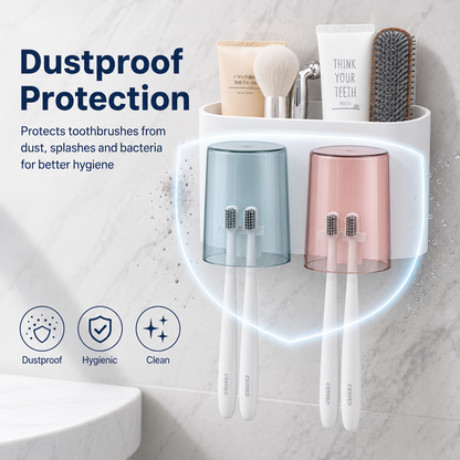 WAREKITTH Wall Mounted Toothbrush Holder for Family | No Drill Adhesive Bathroom Organizer | Waterproof Toothbrush Holder for Bathroom Wall | Multi-Compartment Bathroom Storage Rack