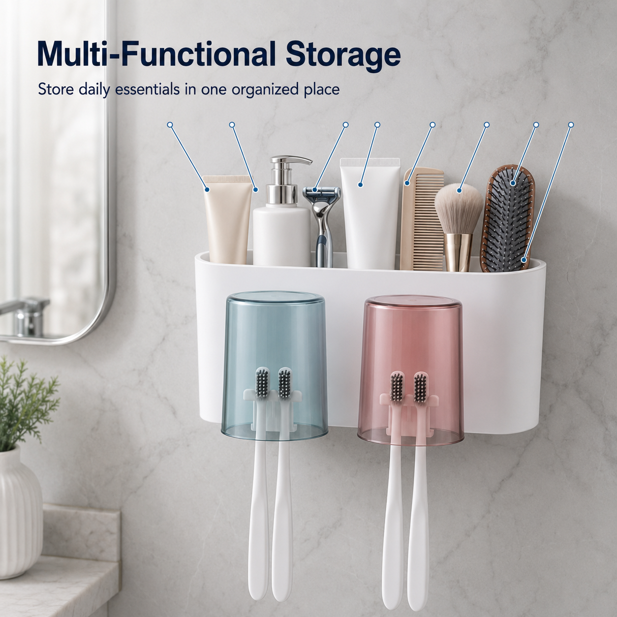 WAREKITTH Wall Mounted Toothbrush Holder for Family | No Drill Adhesive Bathroom Organizer | Waterproof Toothbrush Holder for Bathroom Wall | Multi-Compartment Bathroom Storage Rack