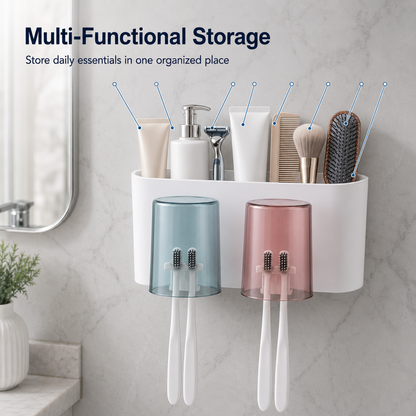 WAREKITTH Wall Mounted Toothbrush Holder for Family | No Drill Adhesive Bathroom Organizer | Waterproof Toothbrush Holder for Bathroom Wall | Multi-Compartment Bathroom Storage Rack