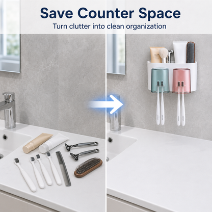 WAREKITTH Wall Mounted Toothbrush Holder for Family | No Drill Adhesive Bathroom Organizer | Waterproof Toothbrush Holder for Bathroom Wall | Multi-Compartment Bathroom Storage Rack