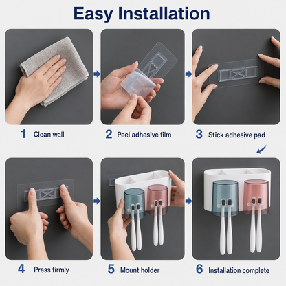 WAREKITTH Wall Mounted Toothbrush Holder for Family | No Drill Adhesive Bathroom Organizer | Waterproof Toothbrush Holder for Bathroom Wall | Multi-Compartment Bathroom Storage Rack
