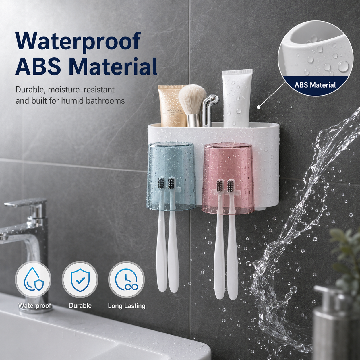 WAREKITTH Wall Mounted Toothbrush Holder for Family | No Drill Adhesive Bathroom Organizer | Waterproof Toothbrush Holder for Bathroom Wall | Multi-Compartment Bathroom Storage Rack