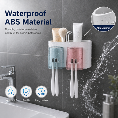 WAREKITTH Wall Mounted Toothbrush Holder for Family | No Drill Adhesive Bathroom Organizer | Waterproof Toothbrush Holder for Bathroom Wall | Multi-Compartment Bathroom Storage Rack