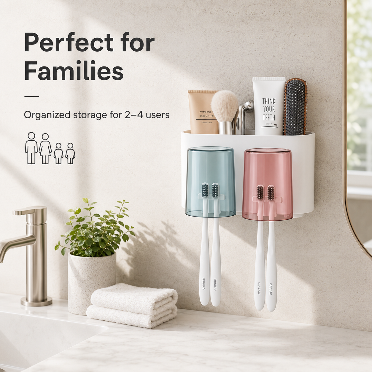 WAREKITTH Wall Mounted Toothbrush Holder for Family | No Drill Adhesive Bathroom Organizer | Waterproof Toothbrush Holder for Bathroom Wall | Multi-Compartment Bathroom Storage Rack