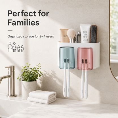 WAREKITTH Wall Mounted Toothbrush Holder for Family | No Drill Adhesive Bathroom Organizer | Waterproof Toothbrush Holder for Bathroom Wall | Multi-Compartment Bathroom Storage Rack
