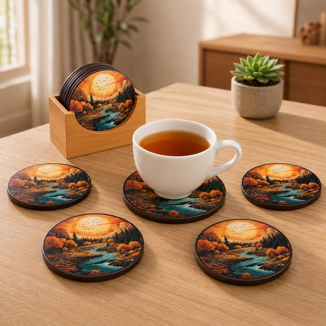 WAREKITTH Premium Floral Printed Wooden Coasters Set of 6 with Holder