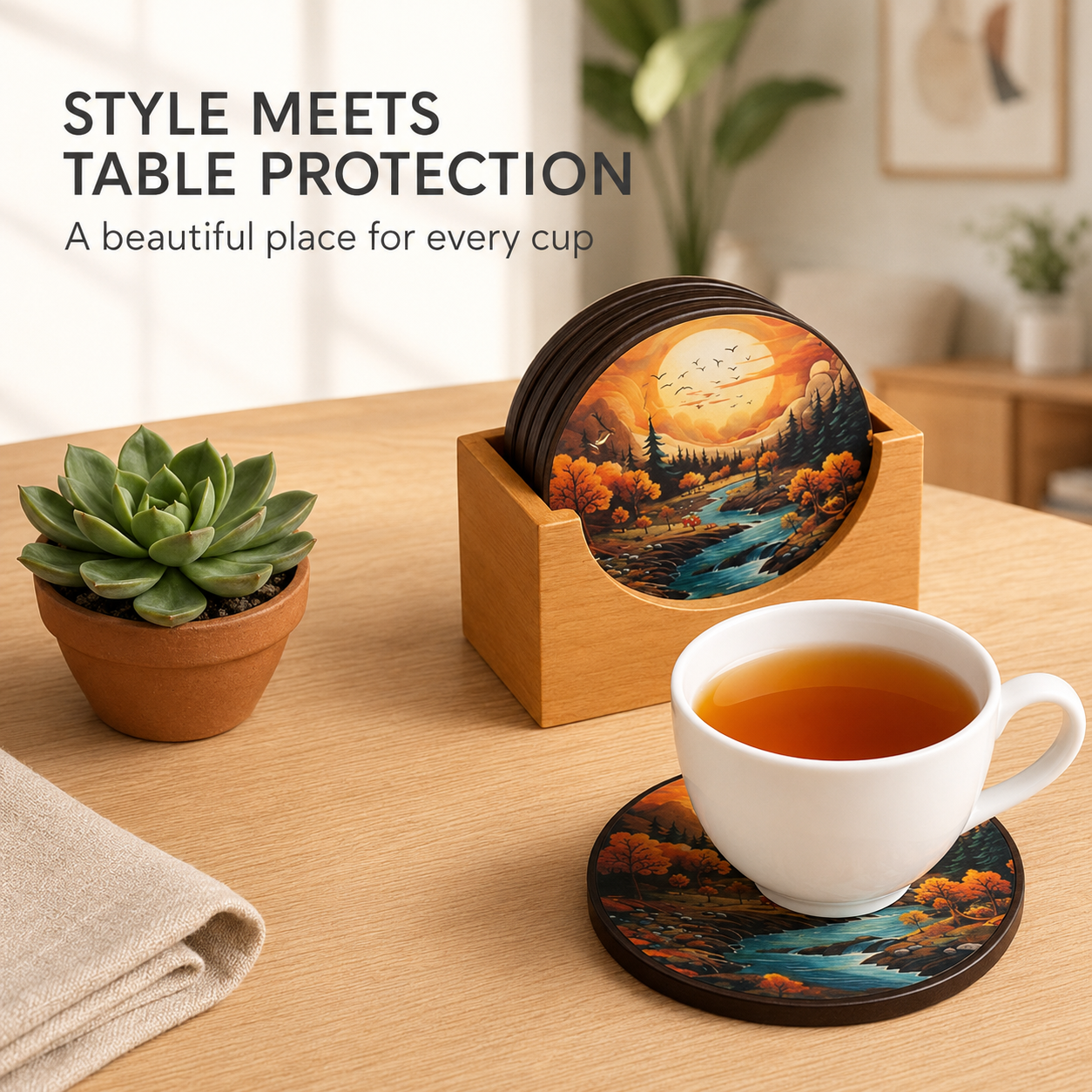 WAREKITTH Premium Floral Printed Wooden Coasters Set of 6 with Holder