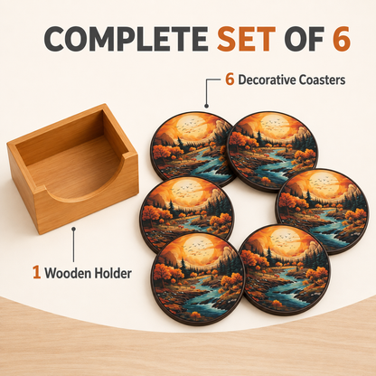 WAREKITTH Premium Floral Printed Wooden Coasters Set of 6 with Holder