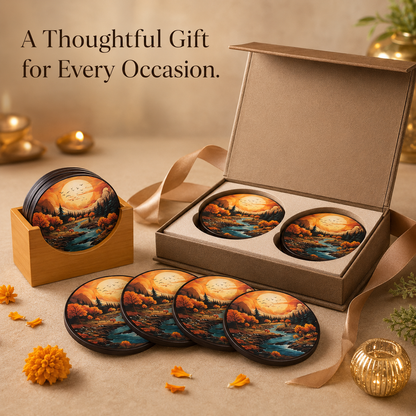 WAREKITTH Premium Floral Printed Wooden Coasters Set of 6 with Holder