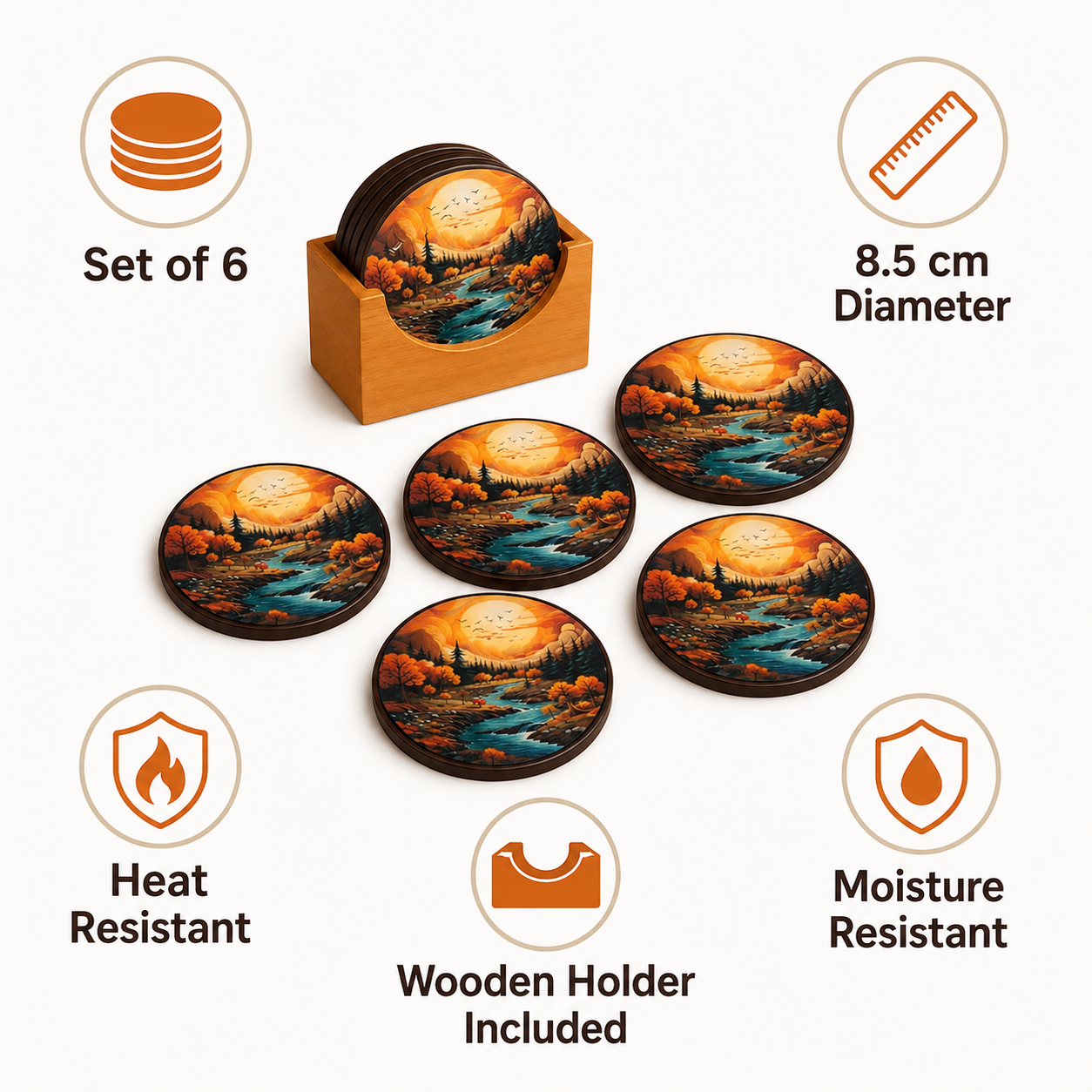 WAREKITTH Premium Floral Printed Wooden Coasters Set of 6 with Holder